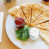Chicken Quesadilla  · A warm white or wheat tortilla filled with juicy chicken, melted cheese, crisp bacon, scalli...