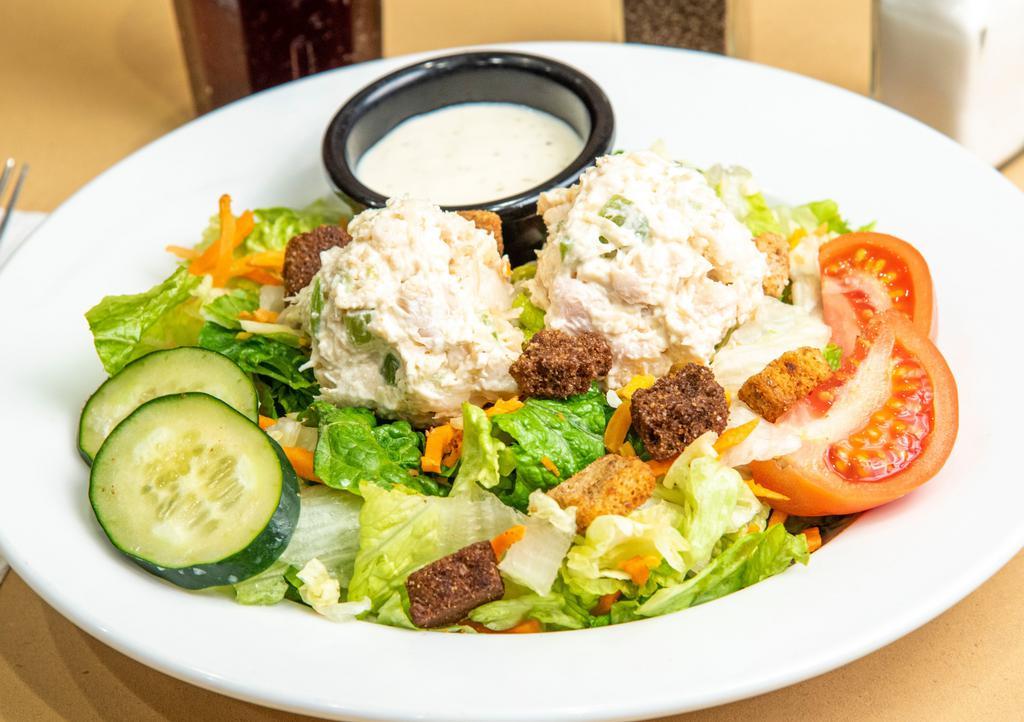 Natures Garden Salad · A fresh mix of lettuce, tomato, two-cheese blend, cucumbers, carrots and crunchy croutons served with your choice of dressing.