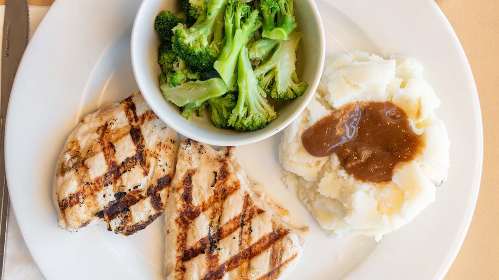 Char Grilled Chicken Dinner  · A generous portion of juicy chicken cooked over the grill and served with two side order choices and your choice of dipping sauce.