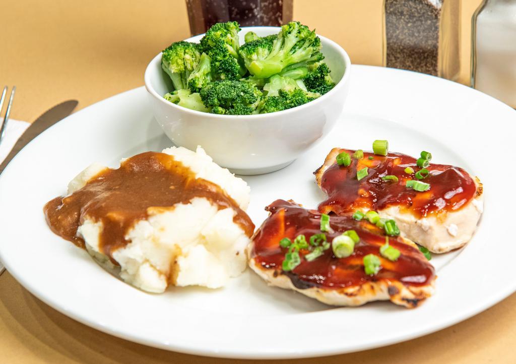Char Bbq Grilled Chicken Dinner · Generous portion of chicken cooked over the grill smothered in BBQ sauce and served with two side order choices.