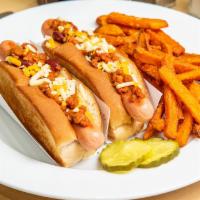 2 Chili Dogs · Two hot dogs with onions, Cheddar/Jack cheese and chili.