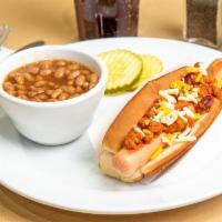 Chili Dog · A hot dog with onions, Cheddar/Jack cheese and chili.