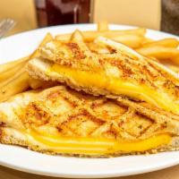 Waffled Grilled Cheese  · Two extra wide and extra thick pieces of sourdough bread filled with SIX gooey slices of che...