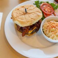 Big Beef Smokey Mountain Burger · Cheddar cheese, crisp bacon, sauteed onions, and BBQ sauce on our big beef burger, Served on...