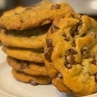 Chocolate Chip Cookies · The product contains dairy. Ingredients: love, flour, castor sugar, brown sugar, eggs, butte...