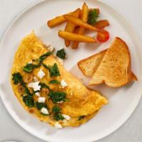 Godly Greek Scramble · Eggs, feta cheese, tomatoes, and onion. Served with home fries.