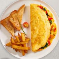 Veggie World Scramble · Eggs, vegetables, and cheese.  Served with home fries.