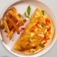 My Lady Margherita Scramble · Eggs, diced tomatoes & basil cooked with loaded cheese. Served with home fries.