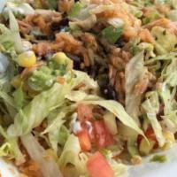 Burrito Bowl · Rice, black beans, lettuce, pico de gallo, guacamole, shredded cheese, corn, and drizzled so...