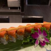 Double Spicy Roll · spicy salmon and tempura crunch inside topped w.spicy tuna,tempura crunch and spicy mayo