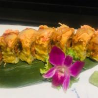 Godzilla Roll · spicy tuna lightly fried, topped w.spicy shrimp ,crabmeat,eel sauce,spicy mayo ,wasabi mayo