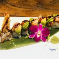 Dinosaur Roll · Shrimp tempura ,cucumber topped w.eel,avocado,tobiko,eel sauce
