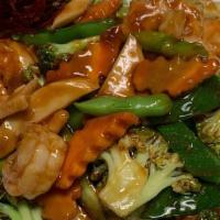 *Hunan Style Shrimp · shrimp broccoli,bell peppers,onions,mushrooms ,zucchini,sugar snap peas,spicy hunan sauce