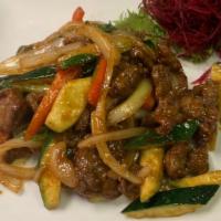 Bangkok Basil Beef · beef ,zucchini bell peppers,scallions onions,basil,thai basil sauce