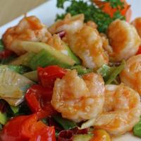 Pepper And Garlic Jumbo Shrimp · Hot & spicy level 2,Shrimp, scallop, asparagus, red pepper, onion, dry chili, garlic. (Rice ...