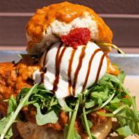 Beverly · Classic biscuit, spicy fried chicken, burrata cheese, baby arugula, balsamic reduction, and ...