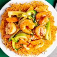 Hong Kong Style Chow Mein · Chicken, shrimp, and pork with vegetables stir-fried over double pan-fried noodles.