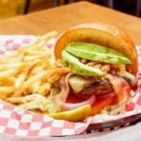 California Burger · Sliced avocado, applewood smoked bacon, Pepper Jack cheese and hand breaded onion straws. . ...
