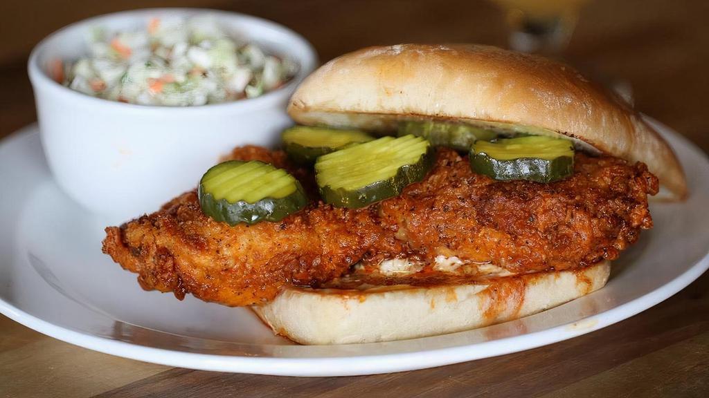 Stroud’S Spicy Hot Chicken Sandwich · Breaded, boneless chicken breast dipped in our Stroud’s Spicy Hot sauce, topped with sweet pickle and mayonnaise on a toasted ciabatta bun.  Served with creamy coleslaw or your choice of sandwich side.