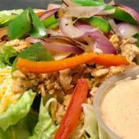 Chicken Fajita Salad · Grilled chicken, grilled bell peppers, red onion, and shredded cheese over romaine lettuce. ...