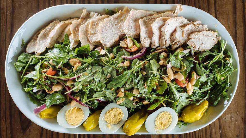 Farmhouse - Family · Seared free range chicken breast with arugula, dried figs, cherry tomatoes, cannellini beans, peperoncino, red onion, hard boiled egg and toasted almonds, tossed in house-made citronette