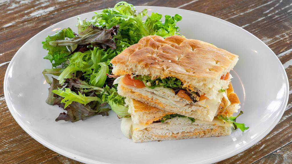 Turkey & Swiss Panino · In-house, Tuscan herb-roasted turkey, baby Swiss, roasted red pepper spread, mixed greens, and tomato. Hot pressed with house-made focaccia bread, served with side garden mix salad.