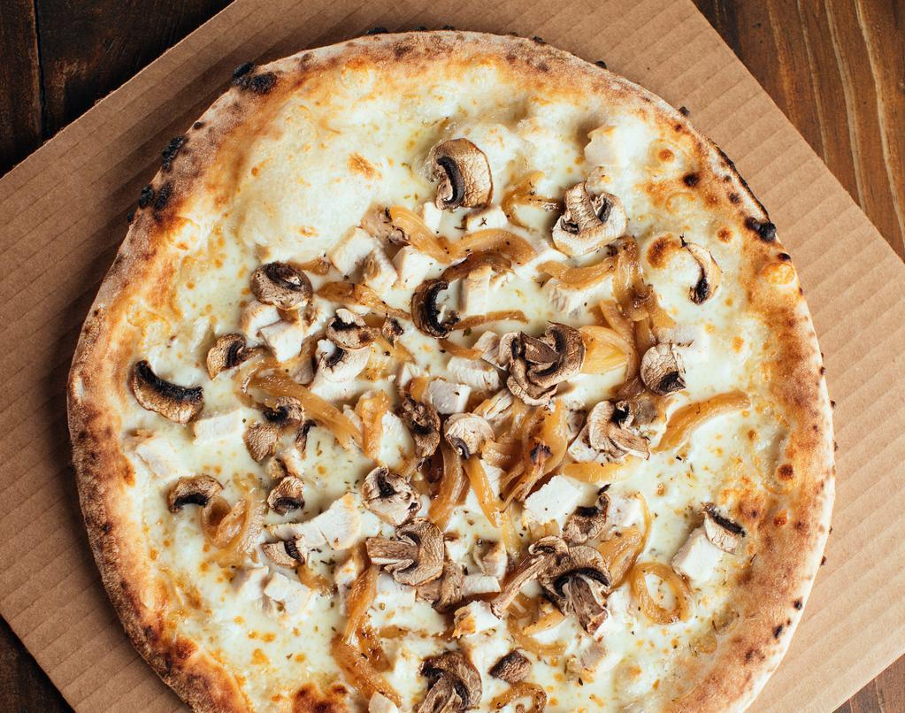 Contadina (White Pizza) · Mozzarella, chicken, mushrooms, caramelized onion, oregano