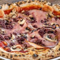 Capricciosa · Mozzarella, tomato sauce, ham, mushrooms, olives, oregano, EVOO