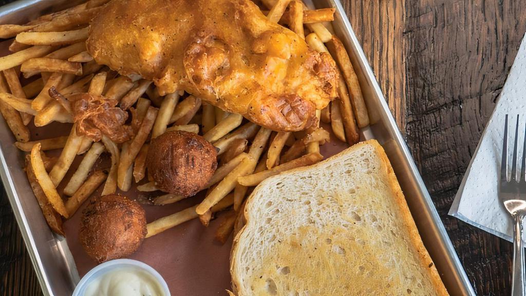 Fish & Fries · Beer Battered Cod, Fries, & Hush Puppies w/ choice of Sourdough or Rye Bread. Served with Tartar Sauce & BA Sauce
