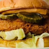 Chicken Sandwich · House Brined, Hand Breaded, & Fried Crispy w/ Lettuce, Pickle, & Spicy Mayo on a Potato Roll