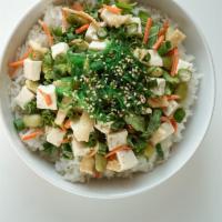 Veggie Works · Organic tofu, edamame, ginger shoyu sauce, carrot, kale, seaweed salad, scallion, wonton cru...