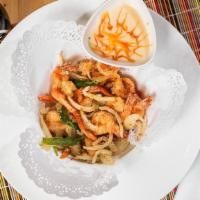 Salt & Pepper Shrimp · Crispy jumbo shrimp with onion, scallions, red pepper, carrots with sweet, and savory dippin...