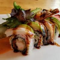 Angry Birds · Spicy. Shrimp tempura, cucumber, avocado roll topped with eel, crabmeat, served with citrus ...