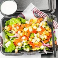 Side Salad · Fresh romaine lettuce, tomatoes, red onions, cucumbers, and croutons with dressing of your c...