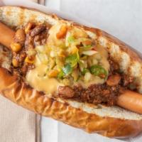 Southern Hospitality · Smoked Hot dog, House chili, sharp cheddar cheese, chopped onions and peppers.