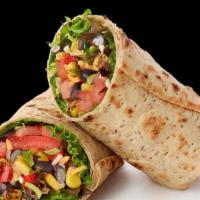 Southwest Veggie Wrap · A zesty portion of tomatoes, poblano chiles, red bell peppers, roasted corn and black beans ...