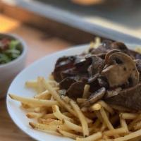 Steak N' Chips · Grilled flank steak, mushrooms, fries