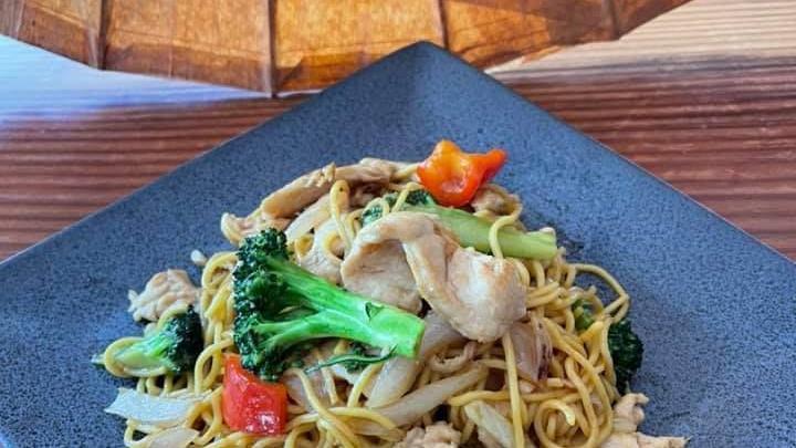 Yakisoba Noodles · Stir-fry noodles with protein of choice, mushrooms, bok choy, broccoli, white onion, bell peppers, and celery coated in rich and savory house oyster sauce.