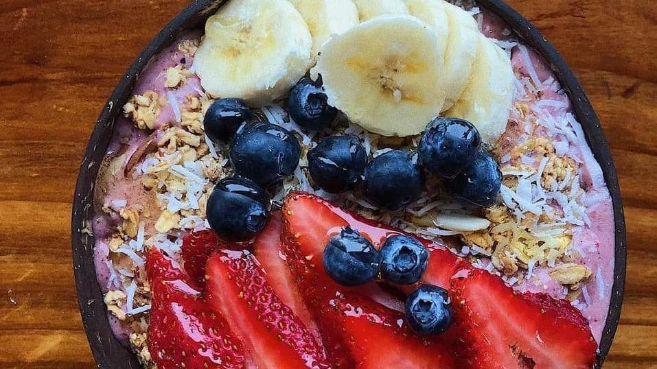 Berry Bliss Bowl · Base: Acai, Blueberry, Banana, and Coconut Water
Toppings: Granola, Blueberry, Strawberry, and Hemp Seeds