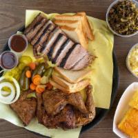 Family Meals · Four leg quarters, one pound ribs or brisket, sauce, bread, onions, pickles, jalapenos, pint...