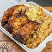 Aunthentic Jamaican Jerk Chicken · Homemade jerk chicken 
Mild or spicy
Served with 2 sides rice and beans and cabbage