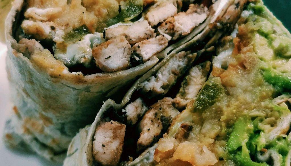 Luchador Burrito · Grilled chicken breast, peppers, onions. Black beans, avocado and egg whites
