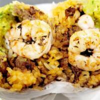 Surf N Turf Burrito · Seared shrimp, steak & onions, rice, black beans, pico de gallo salsa verde & guacamole