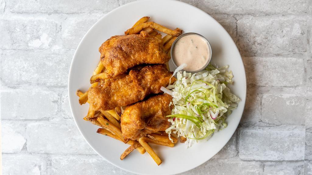 Fish And Chips · Haddock. Brown Ale. Duck Fat Fries. House Slaw. Remoulade.