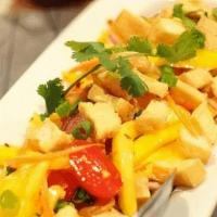 S-7. Mango Salad · Cut fresh mango, shredded carrots, cherry tomatoes, red onions and cashews tossed in fresh l...