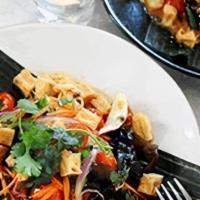 Yum Woon Sen · Bean thread noodles with fried tofu, cherry tomatoes, red onions, shredded carrots and woode...