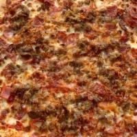 The Meatsider · Pepperoni, Sausage, Ham, Salami, Beef, Meatballs, and Bacon with Mozzarella, Romano, and Par...