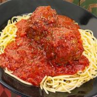 Spaghetti W/ Meatballs · spaghetti topped with 2 of our juicy homemade jumbo meatballs and our marinara sauce  served...
