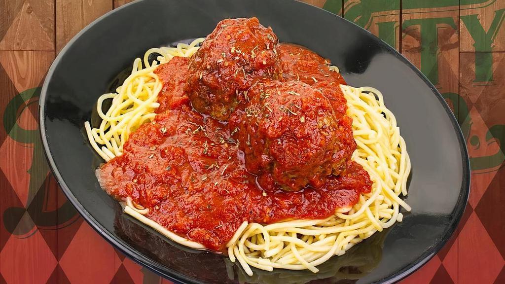 Spaghetti W/ Meatballs · spaghetti topped with 2 of our juicy homemade jumbo meatballs and our marinara sauce  served with 1/2 loaf of garlic bread