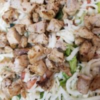 Big Grilled Chicken Salad · Salad mix topped with grilled chicken, cucumbers, tomatoes, croutons and Mozzarella cheese. ...